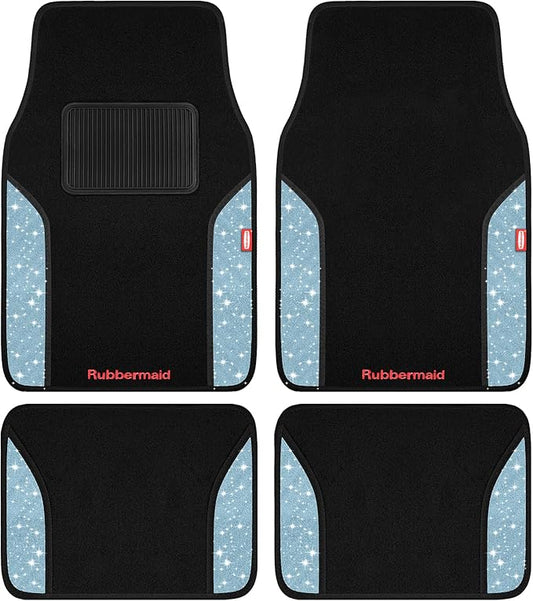 Rubbermaid Bling Car Mats, Carpeted Floor Car Mat with Faux Leather & Built-in Heel Pad, Two-Tone Car Rug Floor Mats, Stylish Carpeted Floor Mats for Cars, Trucks & SUVs Glitter Blue Color