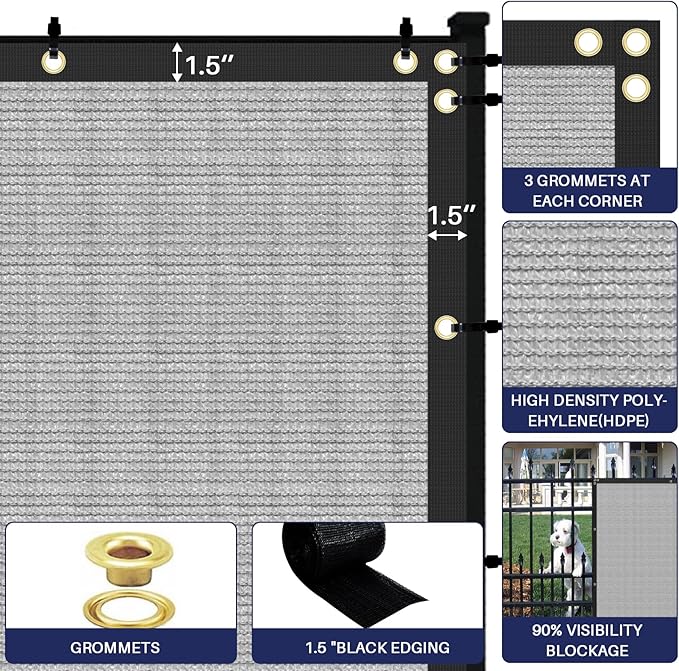 Windscreen4less Privacy Fence Screen Heavy Duty Windscreen Fencing Mesh Fabric Shade Net Cover with Brass Grommtes for Outdoor Wall Garden Yard Pool Deck, 8'x38' Light Gray