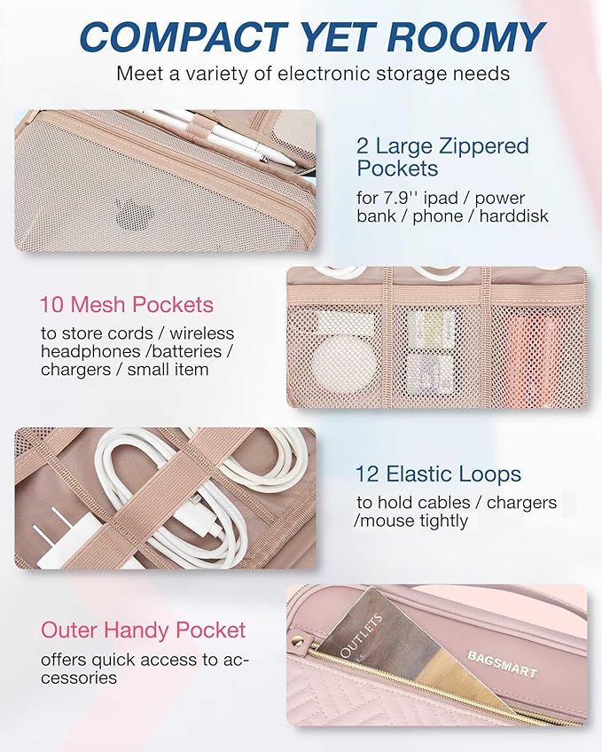 BAGSMART Electronic Organizer Case - Double Layer Cord and Tech Travel Organizer Bag for Charging Cables, Pink