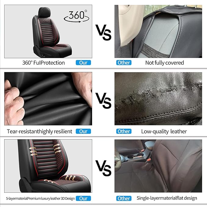 Fit Camry Car Seat Covers for Toyota Camry 2012-2024 2025 2026 - Upgraded Premium Waterproof & Breathable Leather, Airbag Compatible, All-Weather Seat Cushion Protector (2 Front/Black+Red)