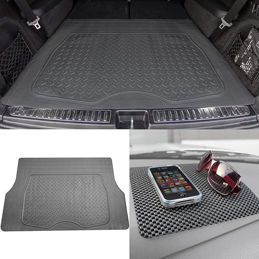 TLH Premium Trimmable Gray Cargo Mat Car Trunk Liner Universal Fit Set w/Black Dash Pad, Trimmable Automotive Floor Mats, Climaproof™ Floor Mats for Most Sedan, Cars, SUV, Truck Floor Mats.