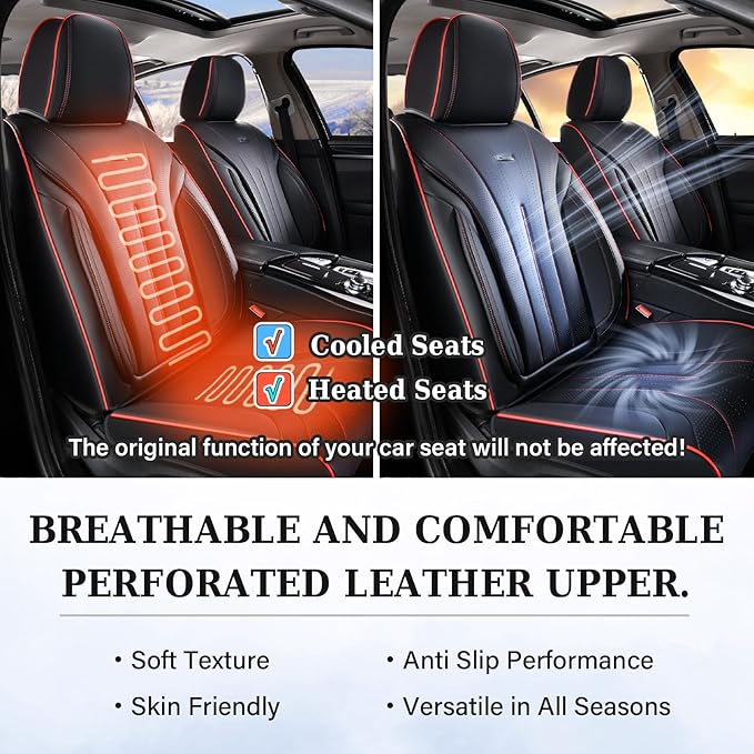 Coverado Front Seat Covers, Luxury Nappa Leather Seat Cover, 2 Pack Waterproof Seat Cover for Cars, Universal Front Car Seat Protector, Breathable Car Seat Cushion Fit for Most Cars(Black &Red Line)
