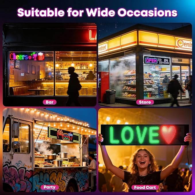 5800 Lux High-Brightness Multi-Panel Sync LED Display (23.4"x4.73") – 3X Brighter, APP/Remote Programmable Scrolling Text & Animation for Cars, Stores – USB 5V Powered