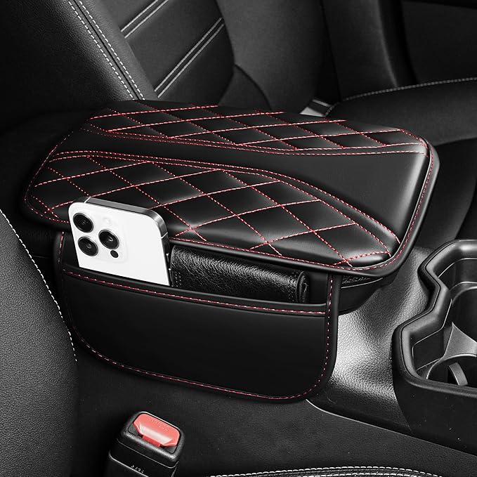 Center Console Cover Fit for Kia Sorento 2003-2025 with 2 Storage Bags Waterproof Leather Quilted Pattern Car Armrest Cover Cushion Anti - Slip(002#Black&Red Line)