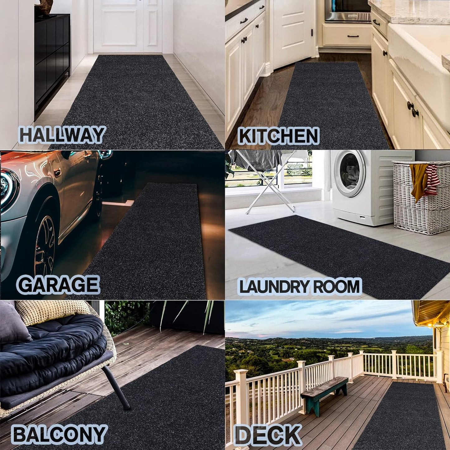 Custom Size Backed Non-Slip Area Rugs Runner, Easy Clean, Waterproof Runner Rugs for Hallway Entryway, Kitchen, Laundry, 2FT x 72FT, Black