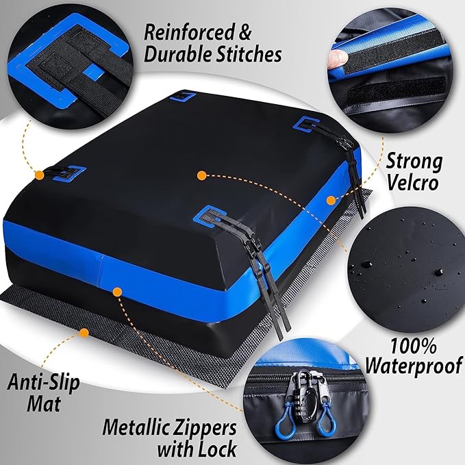 Zone Tech 21 Cubic Feet Car Rooftop Cargo Bag Carrier Soft Shell Waterproof Protective Tear and Dust Resistant Includes 6 Hooks, Anti Slip Mat, Bonus Safety Luggage Lock