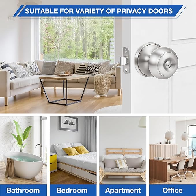 Plustool 10 Pack Brushed Nickel Door Knobs,Privacy Door Knob with Lock, Interior Doorknobs Silver, Keyless Door Locks Set for Bedrooms Bathrooms, Reversible for Left/Right Door Handle