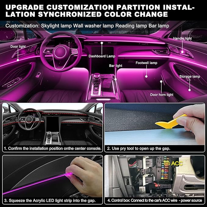 RGB Acrylic Interior Car LED Strip Light with Wireless APP, 18 in 1 with 175 inches 593 LEDs Neon LED Strip Light, 16 Million Colors Dynamic Music Sync Car Ambient Lighting Kits