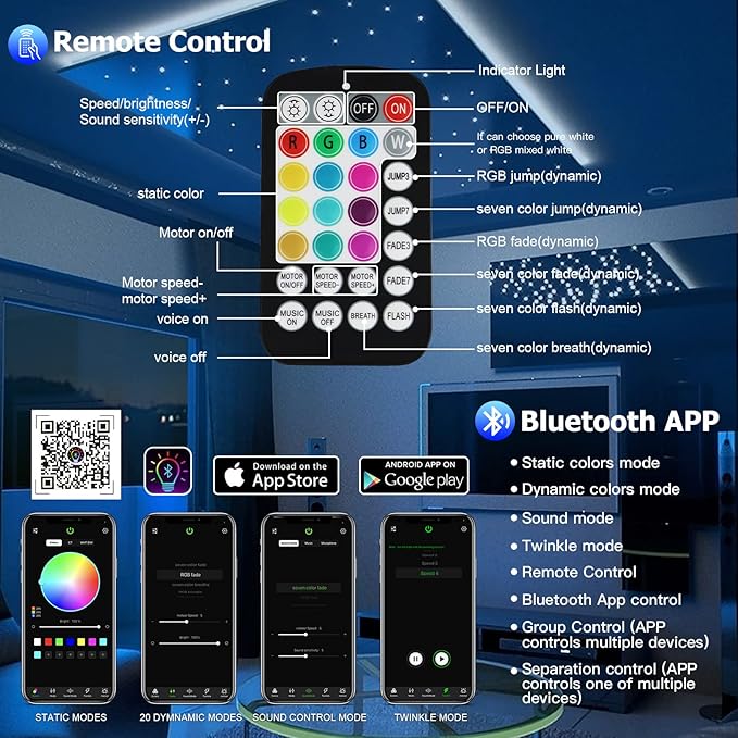 AMKI Updated 16W RGBW Fiber Optic Light Twinkle+Sound Activated Mixed 375pcs 9.8ft Cables APP Remote Music Control Car Home Starlight Headliner Star Ceiling Light Kit 0.03in 0.04in 0.06in Strands
