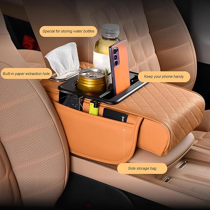 Zpana Car Center Console Armrest Pillow, Memory Foam Leather 4 in 1 Vehicle Arm Rest Cover with Tissue Box 2 Side Storage Bag Cup & Phone Holder, Auto Armrest Cushion, Universal Fit (Brown)