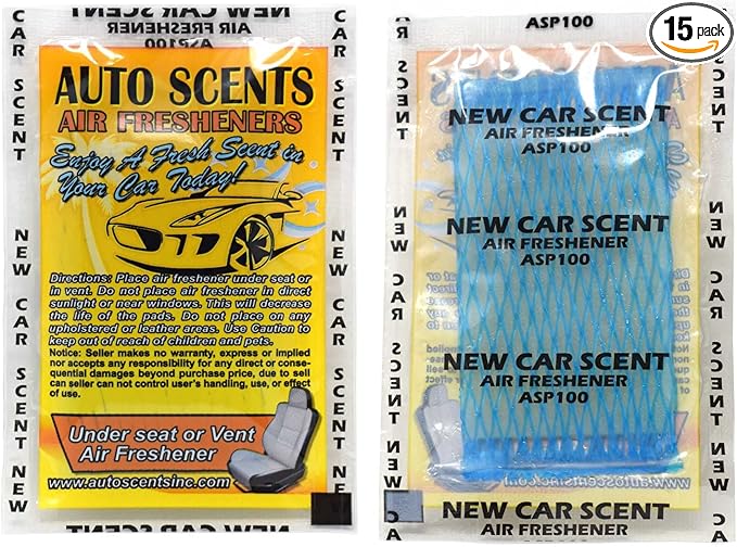 Individually Wrapped - Professional Car Air Freshener Pads - Remove Smells & Add Ambience (15 Per Pack) (New Car)