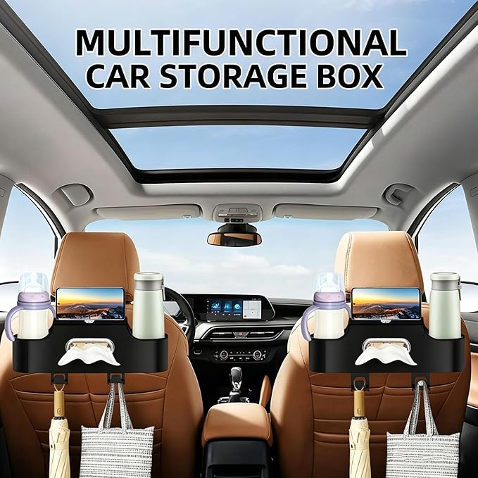4-in-1 Back Seat Car Organizer, Adjustable Hooks, Universal Fit, with Cup Holder, Tissue Box & Storage, for Travel, Stores Phone, Snacks, Drinks, Handbags, Keeps Car Neat & Space-Saving (Beige)