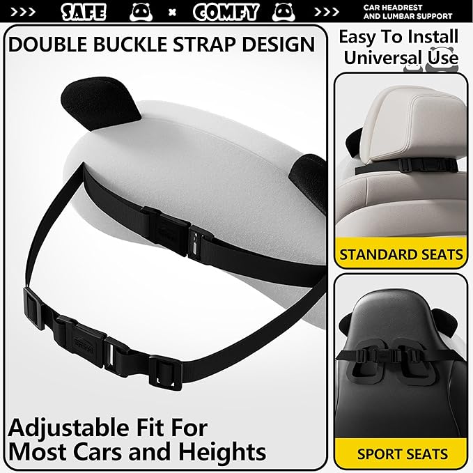 Cute Panda Car Neck Pillow & Lumbar Support Memory Foam Cushion for Driving Adjustable Headrest Waist Pillow for Most Seats (Black, Headrest & Backrest)