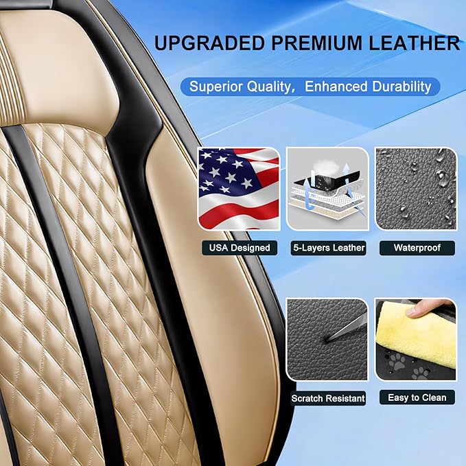 Fit CX-30 Car Seat Covers for Select Mazda CX30 2020-2025, Full Coverage Leather, Airbag Compatible, Luxury Waterproof All Weather Seat Protector, Full Set, Black+Beige