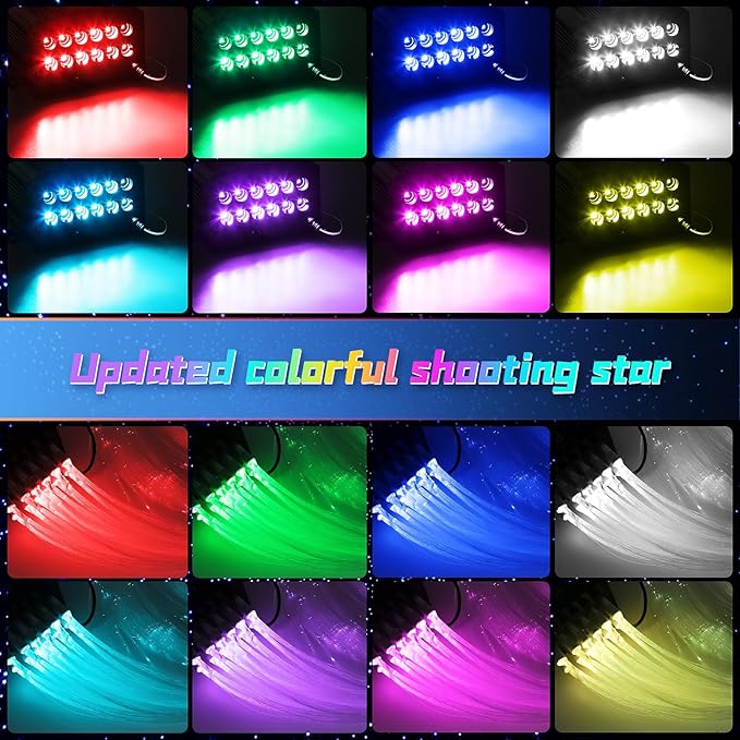 Car Starlight Headliner Kit, 4 Colors 32W Twinkle & Meteor Fiber Optic Ceiling Lights, 2 in 1 Light Engine 1000pcs*0.03in*13.1ft+240 RGBW Shooting Stars Lights for Car Roof Décor