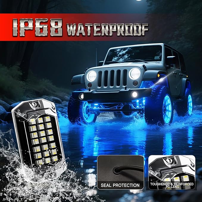 6 Pods Full Angle RGBW LED Rock Lights for Jeep ATV UTV RZR SXS Truck Offroad,Waterproof Multicolor Neon Underglow Kit with APP/RF Remote, 12V Pure White Underbody Lights