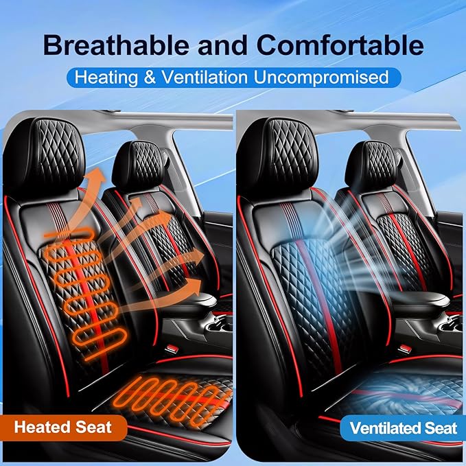 Fit Malibu Car Seat Covers for Select Chevrolet/Chevy Malibu 2009-2025, Full Coverage Leather, Airbag Compatible, Waterproof & All Weather Seat Cushion Protector, Full Set, Black with Red Trim