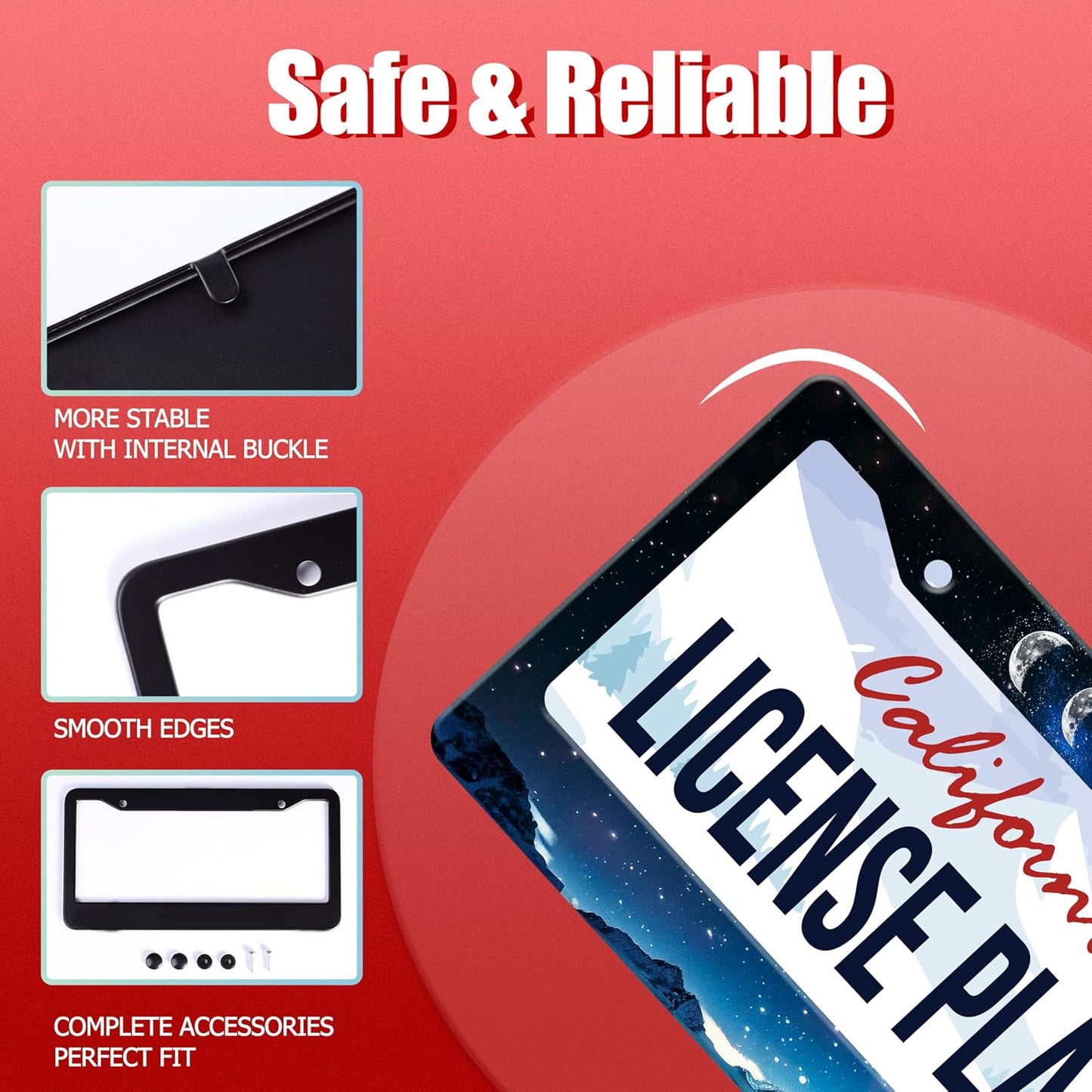 Personalized License Plate Frame Moon Phase Mountains Stainless Steel Accessory License Plate Holder Funny Car Decorative 2 Holes Screws Fits Us Standard License Plates 12.2 X 6.3 in for Men Women