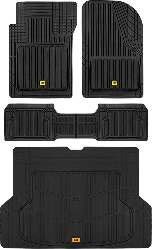 CAT® Car Mats Full Set - Automotive Floor Mats & Cargo Liners & SUV Floor Mats - Car Floor Mats All Weather Trim-to-Fit Rubber Universal Car Mats & Trunk Cargo Liners Black Floor Mats for Mini-Van
