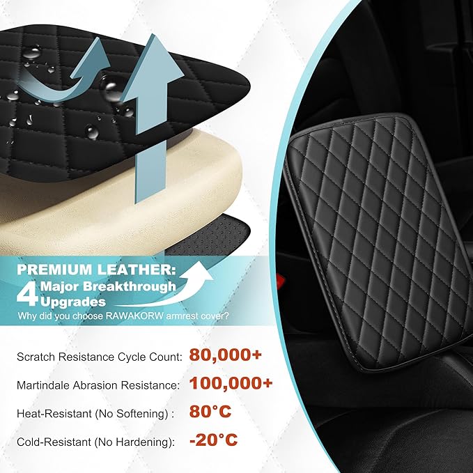 Center Console Cover Fit for Kia Soul 2010-2025 with 2 Storage Bags Waterproof Leather Quilted Pattern Car Armrest Cover Cushion Anti - Slip(Black)