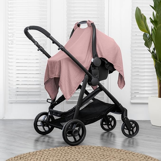Comfy Cubs Baby Car Seat Cover - Soft, Breathable Bamboo Rayon and Muslin Cotton Blend - Lightweight Canopy for Sun, Bug, and Comfort Protection - Large Size Infant Seat Cover in Mauve Design