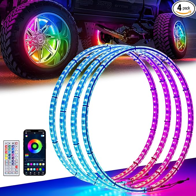 Ehaho 17" Double Row Wheel Lights, Brighter RGB Dream Chasing LED Rim Lights with App & Remote Control, Music Wheel Ring Light with Turn & Braking Signal Compatible with Various Trucks SUV Car（4PCS）