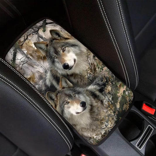 Wolf Print Car Center Console Armrest Cover Camo Hunting Print Armrest Box Cover Center Console Pad Neoprene Car Decor Accessories for Women Men, Easy to Install