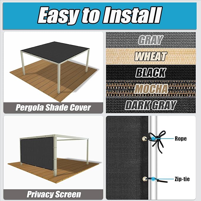 Amagenix 90% Pergola Shade Cover 6'X 18' Dark Gray Sun Shade Cloth with Grommets for Outdoor Garden Patio Porch-Commercial Grade 200 GSM-Cable Zip Ties Included (We Customized)