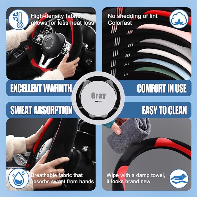 14 inch Furry Cute Steering Wheel Cover, Soft Fluffy Short Plush Auto Accessories, Non-Slip Cold-Proof Sweat-Proof Colorfast(Black with Gray)