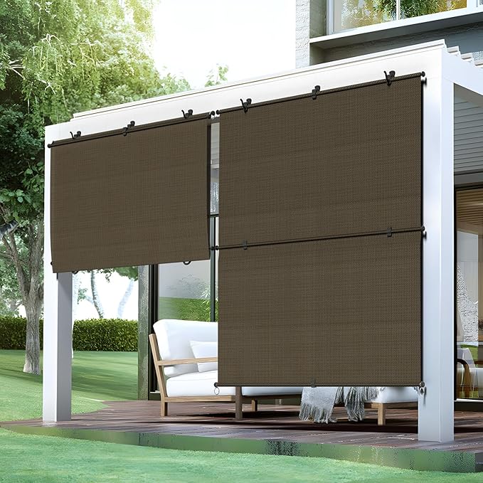 Bynbbur 5'W x 13'H Outdoor Patio Shades Foldable Roller Blinds, 220 GSM Sun Shade Roll Up Porch Screens Exterior Shade Cloth for Deck Pergola Backyard, Brown