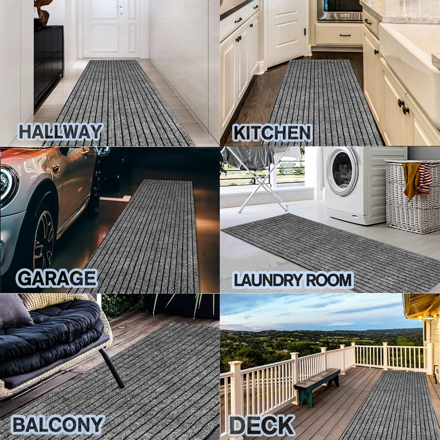 Custom Size Backed Non-Slip Area Rugs Runner, Easy Clean, Waterproof Runner Rugs for Hallway Entryway, Kitchen, Laundry, 2FT x 15FT, Gray Stripe