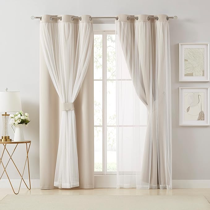 Bujasso Beige 80% Blackout Curtains with Sheer Overlay Mix and Match Double Layer Thermal Insulated Window Panels 90 inch for Living Room Bedroom Beige Drapes with Tiebacks Grommet Top 54" Wx90 Lx2