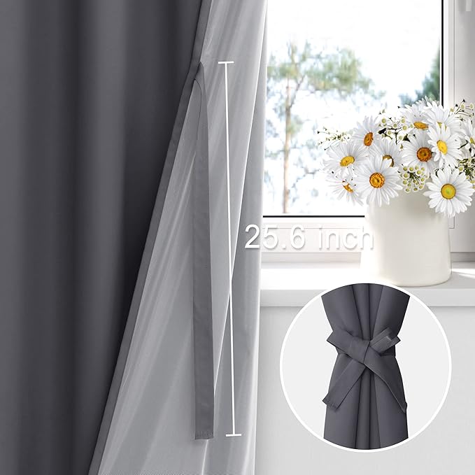 XWZO 100% Blackout Curtains 84 Inches Long - Heat and Full Light Blocking, Thermal Insulated Window Panels with Grommets for Bedroom/Nursery with Tiebacks, Dark Grey, W42 x L84, Set of 2 Draperies