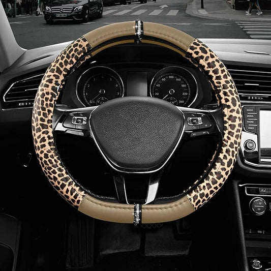 Road Comforts Leopard Steering Wheel Cover - Made with PVC Leather Cheetah Print, D-Shaped Automotive Steering Wheels - Anti-Slip, Universal Fit 14 1/2 inches to 15 inches - Beige