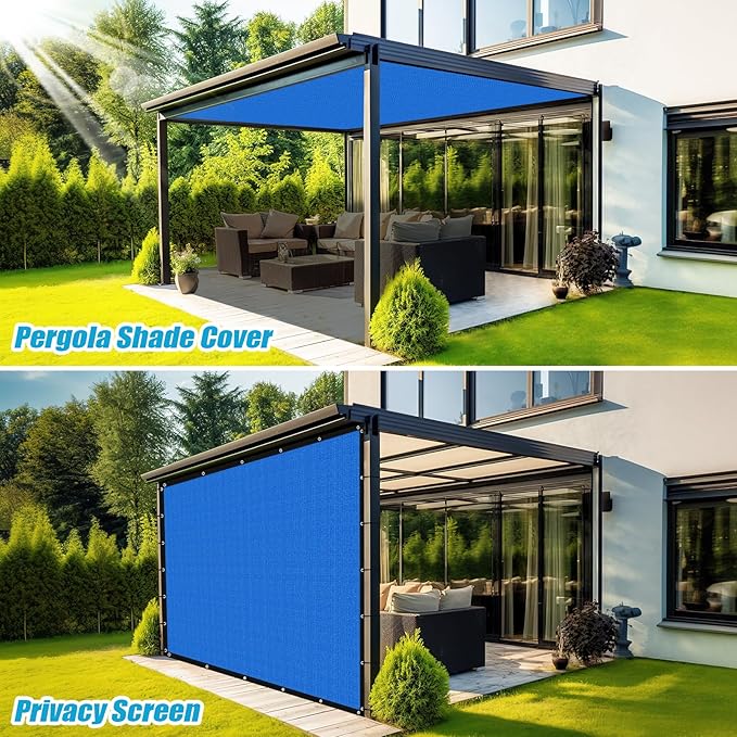Amagenix 90% Pergola Shade Cover 7' X 13' Sun Shade Cloth with Grommets for Outdoor Garden Patio Porch, Commercial Grade 200 GSM - Cable Zip Ties Included (We Customized) GN108, Blue