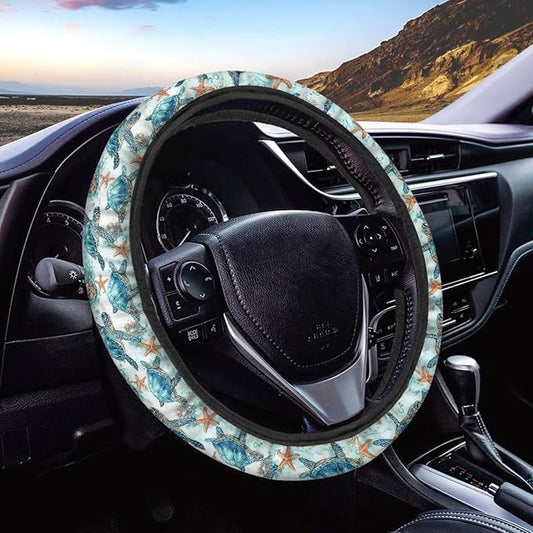 AFPANQZ Steering Wheel Cover for Women, Turtle Starfish Print Sweat Absorbing Non-Slip Steering Wheel Protection Case Machine Washable Elastic Flexible Universal 14 to 15 inch
