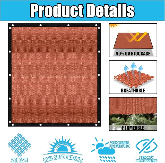 Amagenix 90% Pergola Shade Cover 8' X 13' Sun Shade Cloth with Grommets for Outdoor Garden Patio Porch, Commercial Grade 200 GSM - Cable Zip Ties Included (We Customized) GN108, Rust Red