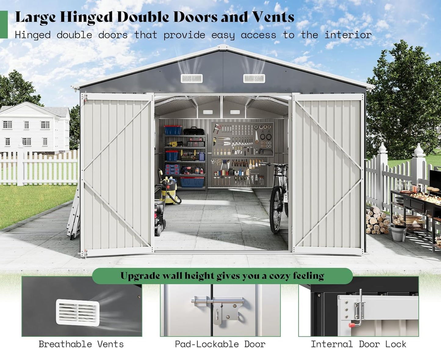 AMERLIFE 10x16.3x7 FT Galvanized Steel Storage Shed with Dual Transparent Panels, 4 4-Pane Windows & Hinged Double Doors, Outdoor Shed for Backyard, Garden, Patio, Dark Grey/White