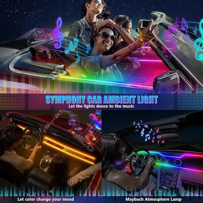 Dreamcolor Acrylic Interior Car LED Strip Light with Wireless APP, RGB 22 in 1 with 175 inches 600 LEDs Fiber Optic Car Ambient Lighting Kits, Music Sync Function Neon LED Strip for Car Accessories