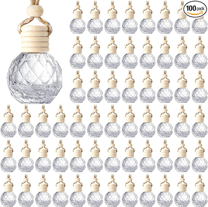 BBTO 100 Pcs Car Air Fresheners Diffuser with Wooden Cap Empty Aromatherapy Diffuser Clear Car Fragrance Holder Pendant Hanging Perfume Fresheners Bottles for Decor(Round Diamond,Clear)
