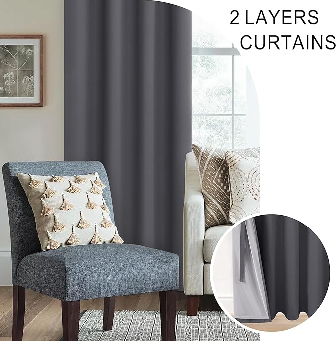 XWZO 100% Blackout Curtains 84 Inches Long - Heat and Full Light Blocking, Thermal Insulated Window Panels with Grommets for Bedroom/Nursery with Tiebacks, Dark Grey, W38 x L84, Set of 2 Draperies