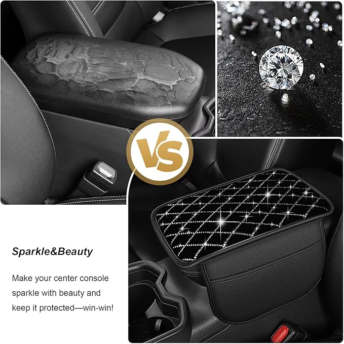 Bling Center Console Cover with 2 Side Pockets Fit for bZ4X Multi-Functional Car Armrest Cushion Diamond-Studded Rhombus Pattern Style(Black&Silver Diamond)