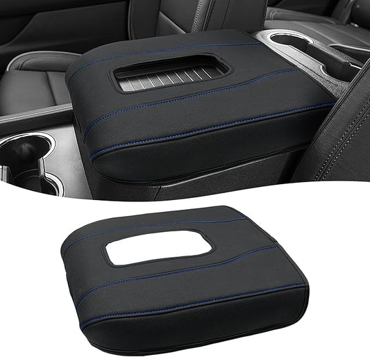 Center Console Armrest Cover for Chevy Silverado 1500 Accessories & GMC Sierra 2019-2026, Yukon & Tahoe & Suburban 2021-2026, Bucket Seat, PU Leather Middle Console Lid Cover Pad, Black-Blue Stitch