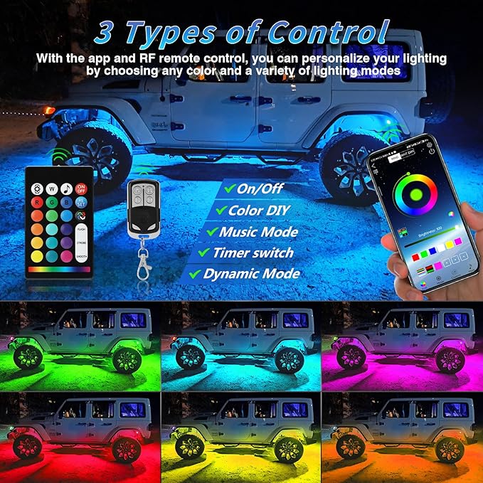 20Pods Multicolor RGB LED Rock Lights for Semi Trucks Pickup RV Jeep Golf Cart Offroad, Segmented Waterproof Underglow Light Kit Neon with APP/RF Remote Control, Music Mode 12V Fender Lights