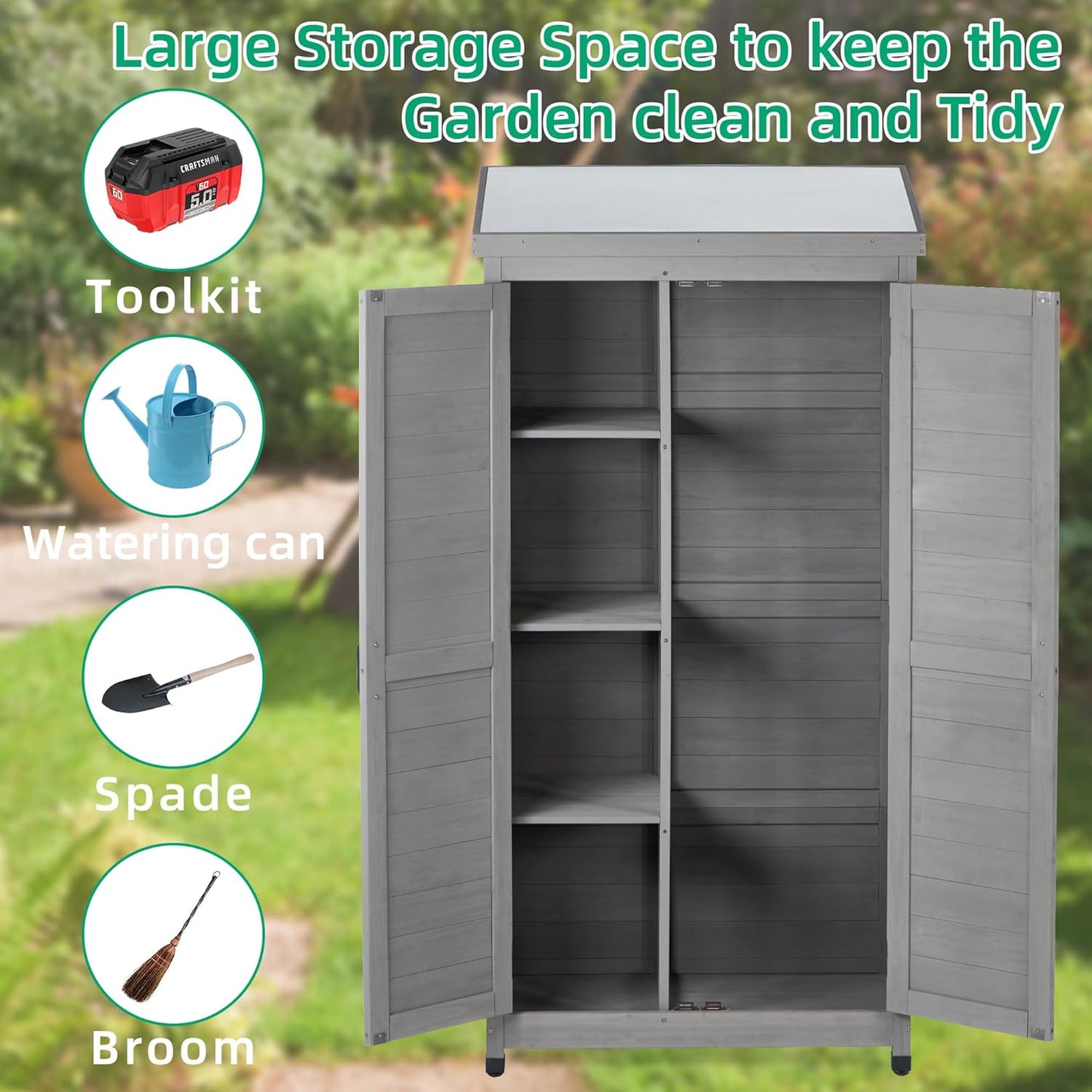 Outdoor Storage Shed Waterproof, Potting Shed with Storage Cabinet and Metal Table Top for Backyard Garden Patio, Outdoor 68 Inches Wood Tall Shed