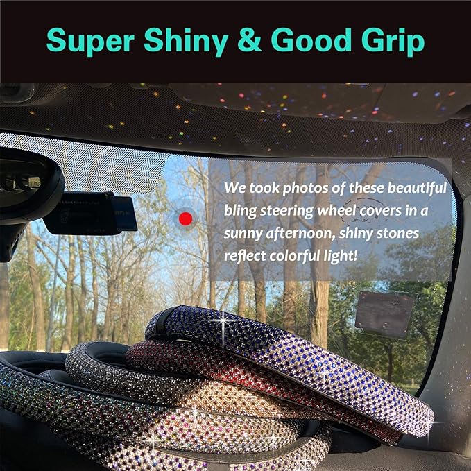 PINCTROT Large Size Bling Comfy Steering Wheel Cover with Jumbo Crystal Rhinestones, Anti-Slip Diamond Leather, 15.5-15.75 Inch (Silver)