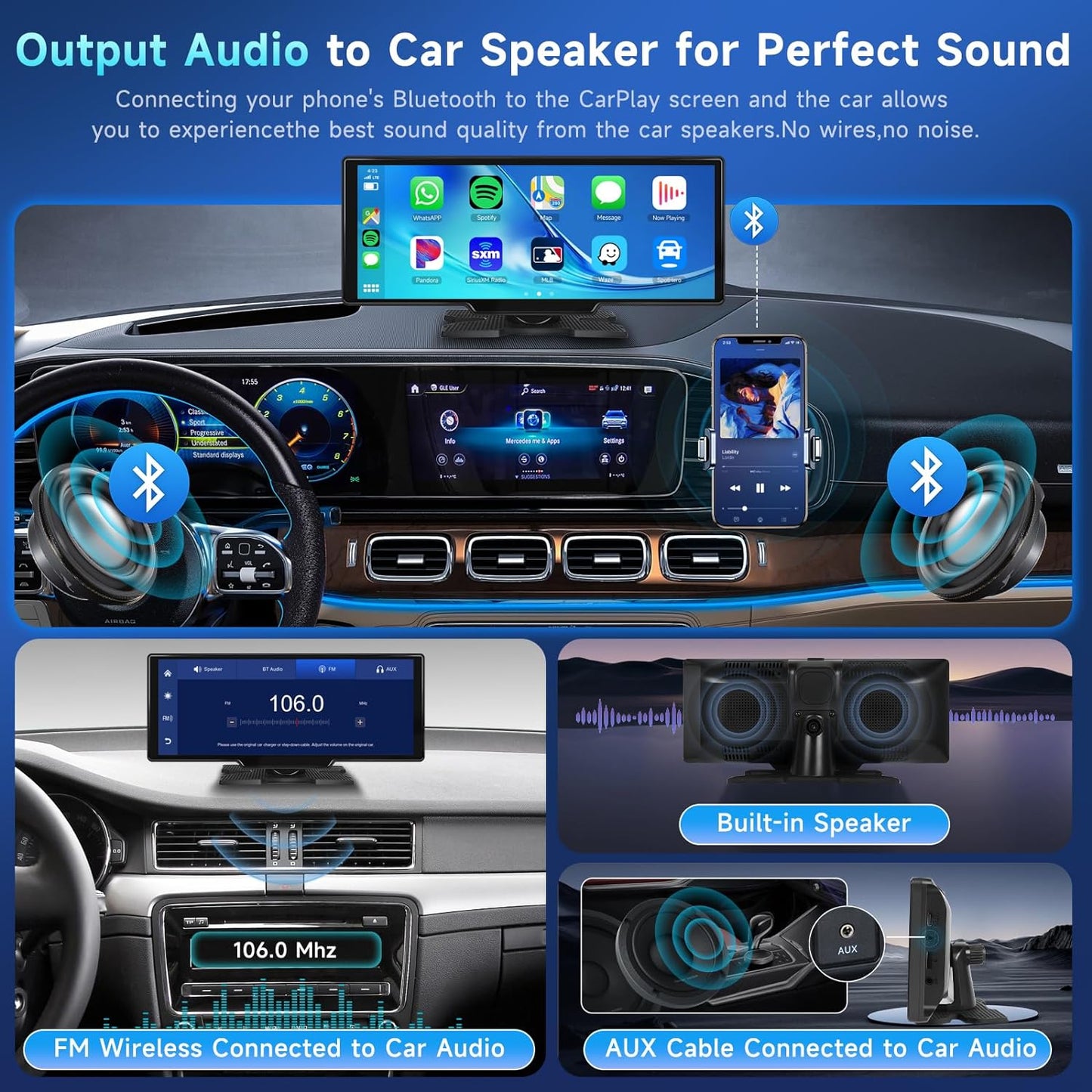 Podofo 10.26" Touchscreen Wireless Carplay Portable Car Stereo Android Auto, Car Play Navigation, Voice Control, Bluetooth/AUX/FM, Car Radio Receiver