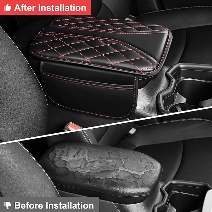 Car Center Console Cover Fit for Jeep Compass - Leather Armrest Covers with 2 Storage Pockets(Black&Red)