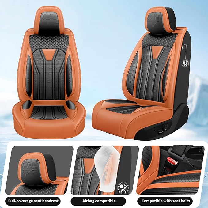 Fit Juke Car Seat Covers Compatible with Nissan Juke 2012-2015 2016 - Premium Leather， Waterproof Breathable， All-Weather Seat Cushion Protecto&Airbag Compatible (2 Front Seat Orange&Black)