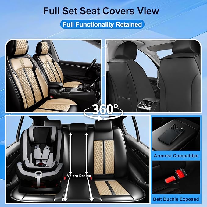 Fit Sonic Car Seat Covers for Select Chevrolet/Chevy Sonic 2012-2020, Premium Full Coverage Leather, Airbag Compatible, Waterproof All Weather Seat Cushion Protector, Front Pair Black+Beige